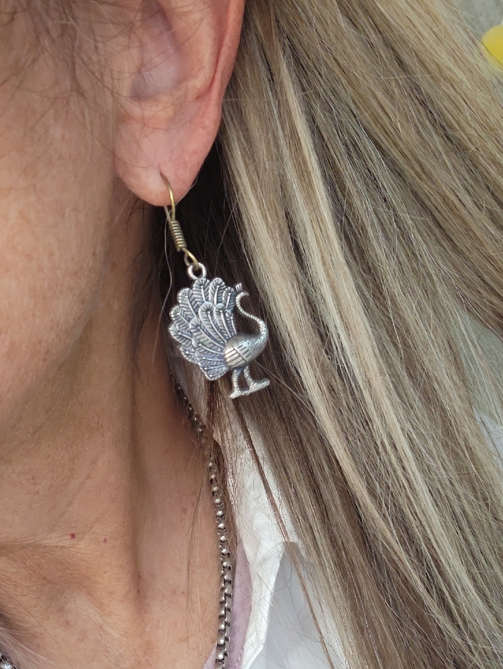 Vintage Peacock Dangle Earrings in Antique Silver